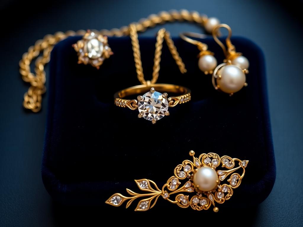 Diamanten ring, gouden broche en parelsieraden op donker fluweel — sieradentaxatie Zeist
